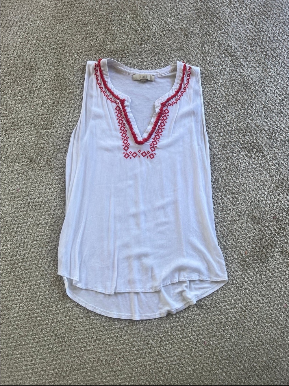 LOFT White Sleeveless V-Neck Tank with Red Embroidered Trim